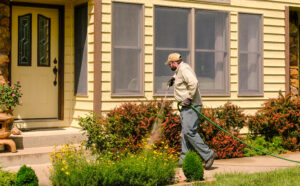 Person applying residential pest control outside a home.