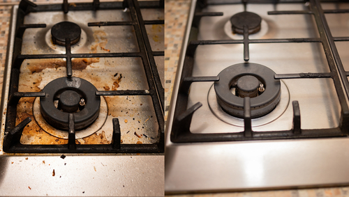 Before and after: a clean and dirty stove top.
