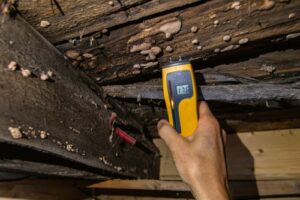 A homeowner tests the moisture level of wood covered in fungus.