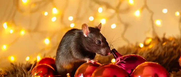 Close-up of a black rat among red holiday ornaments, set against a backdrop of warm, glowing string lights. Keep your holidays pest-free—reach out to Gregory Pest Solutions for effective pest control.