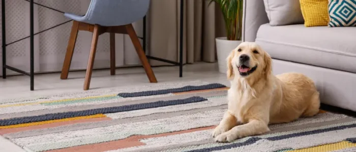 A golden retriever sits on an area rug in a residential living room. Ants can be a nuisance to pets, but Gregory Pest Solutions can help you remove them in a pet-friendly manner.