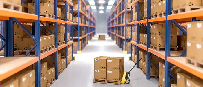 Well lit warehouse with metal shelves