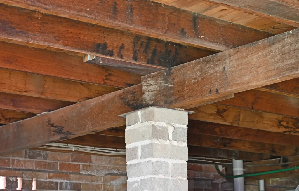 water damage on basement ceiling wooden beams